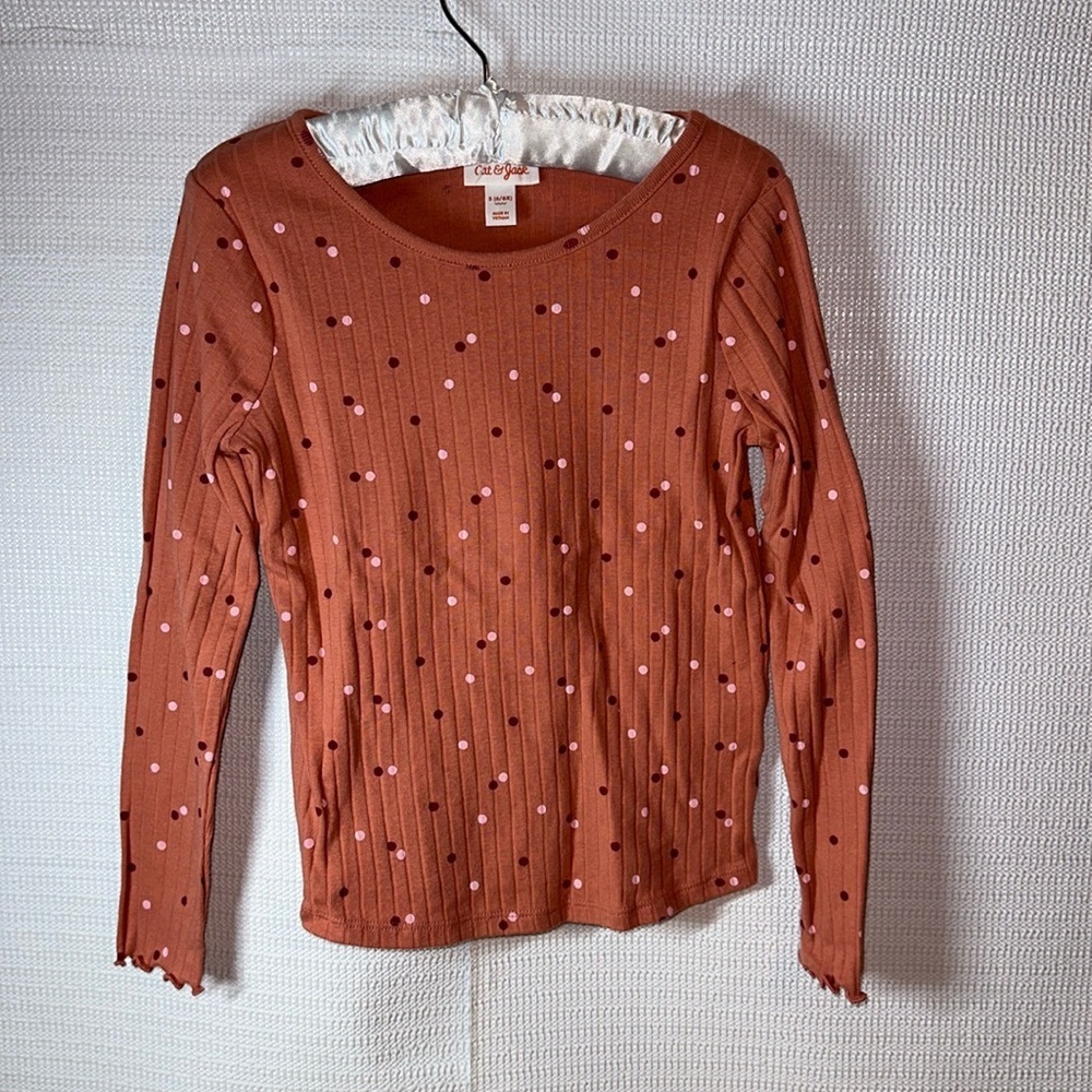 CAT & JACK Terracotta Polka Dot Ribbed Long Sleeve Ruffled Girls Shirt S6/6X